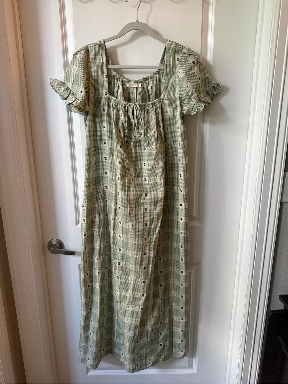 Christy Dawn Sage Green Checked Midi Dress with Puff Sleeves